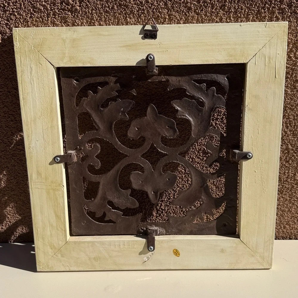 Vintage Wrought Iron Wall Art 14x14 Brown Scroll Cream Wood Tuscan Traditional